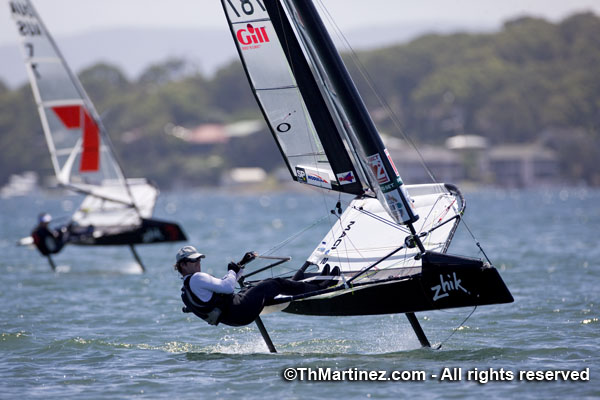 Charlie McKee sailing the wing-masted Moth at the Worlds