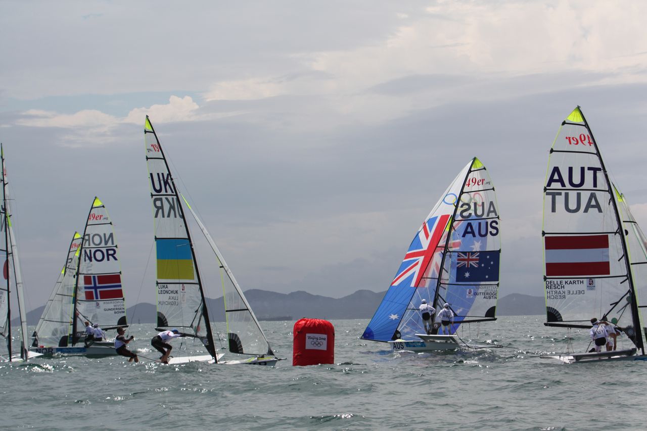 Australian 49er gybe-sets at the 2008 Olympics