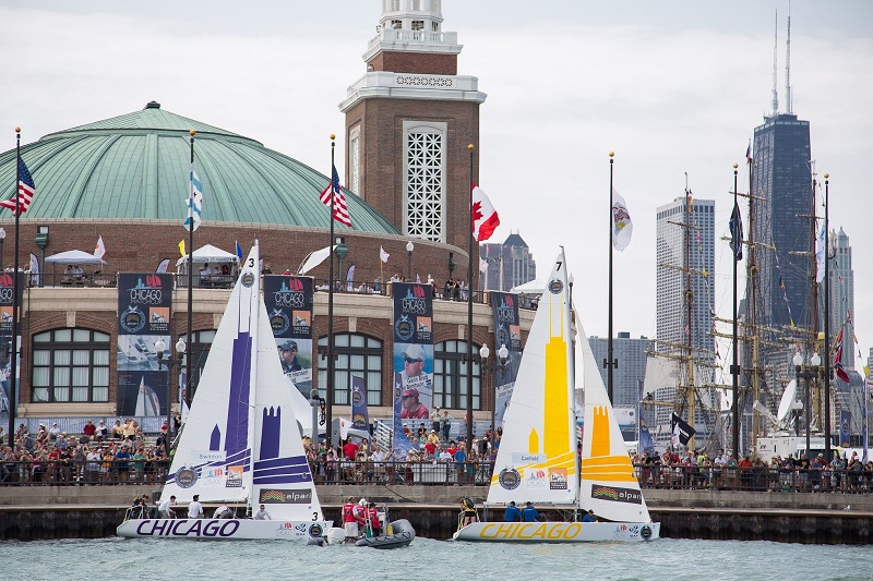 Intense sailing action a few meters off the Navy Pier. Chicago.