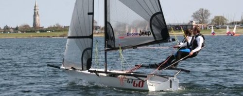 GT60 skiff showing slight windward heel and perfect balance