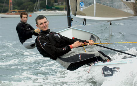 Giles Scott leading Ben Ainslie in the Finn