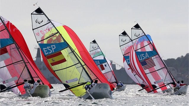 London 2012: SKUD18 fleet racing downwind at the Paralympic Regatta in Weymouth